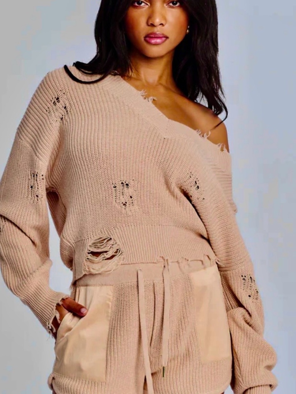 SER.O.YA Syd Tan Distressed Cotton Knit Cropped Sweater Size XS Beach